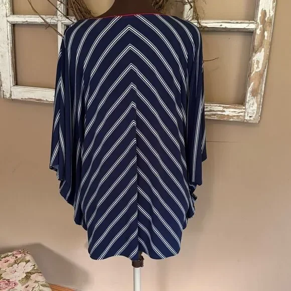 Susan Graver liquid knit blue white red poncho sleeve shirt size 1XL Americana U - Picture 5 of 9